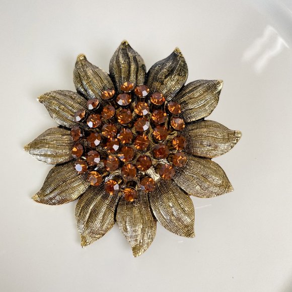RJ Graziano Brooch Vintage 80s 90s Sunflower Swarovski Crystal - Picture 1 of 4
